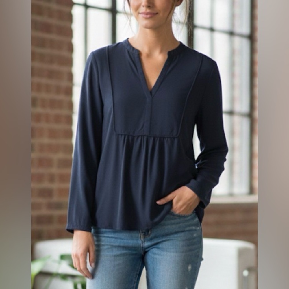 LOFT Blue Long Sleeve Relaxed Blouse with Mandarin Collar Size Medium